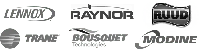 Images montrant les logos des entreprises suivantes : Lennox, Raynor, Ruud, Trane, Bousquet Technologies, Modine.